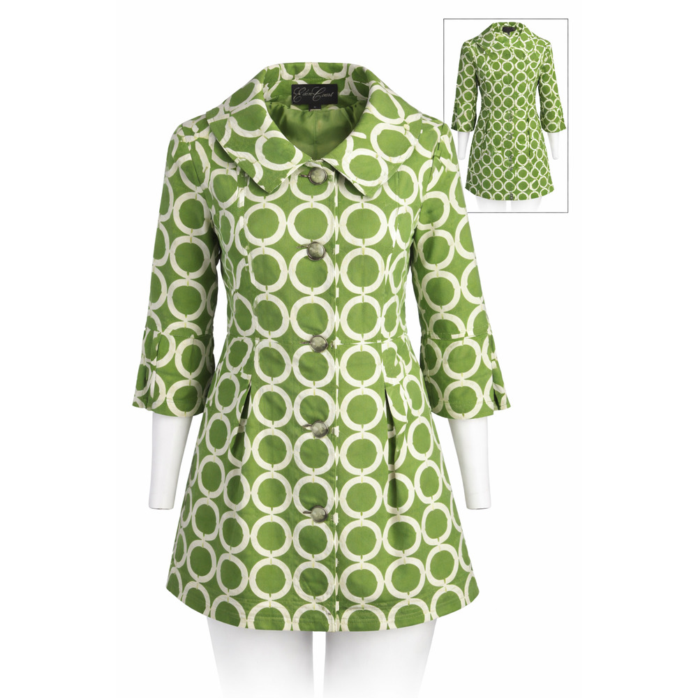 Eden Court Retro Inspired Mod Geo Print Swing Coat Green White Statement Small